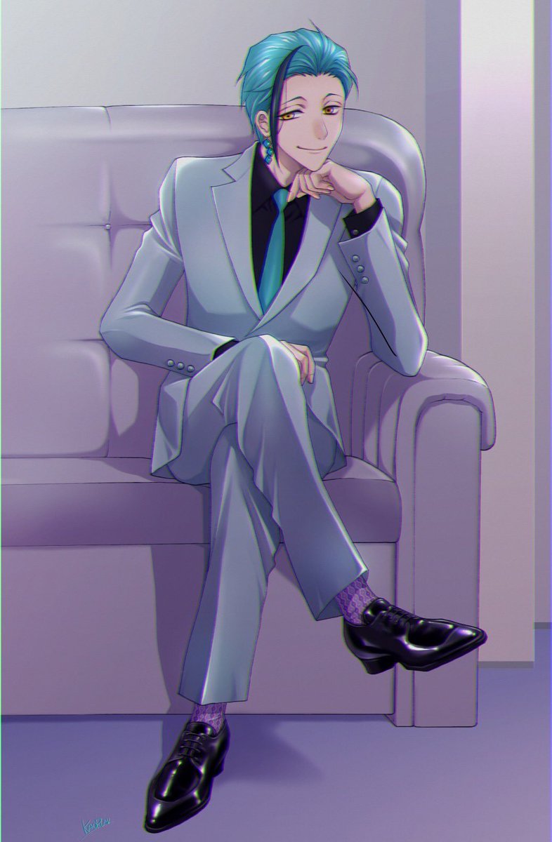 sitting male focus 1boy necktie solo crossed legs formal  illustration images
