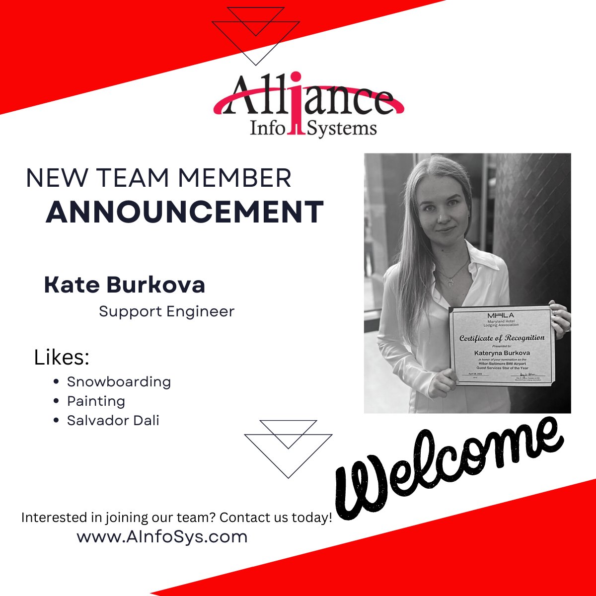 AllianceInfoSys's tweet image. Alliance is very pleased to announce that a new Team Member will be joining the Services Team. Everyone welcome Kate! She will be joining as a Support Engineer! #Welcome #NewHire #Maryland