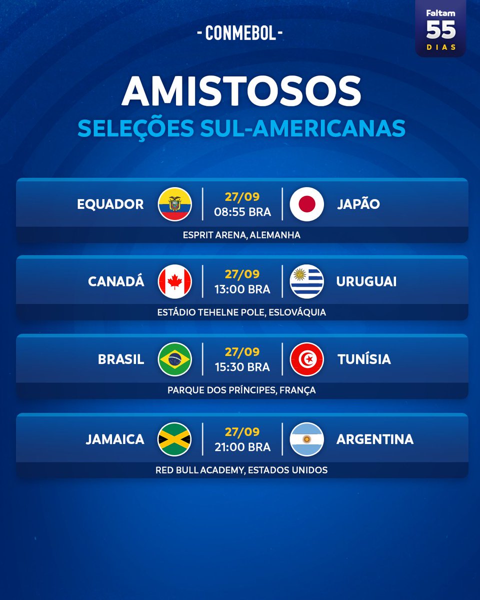 copaamerica_POR's tweet photo. Os últimos amistosos das seleções sul-americanas antes da @FIFAWorldCup
🇦🇷 @Argentina
🇧🇷 @CBF_Futebol
🇪🇨 @LaTri
🇺🇾 @Uruguay
#55DaysToGo #CreeEnTuContinente https://t.co/HbggvqgWTL