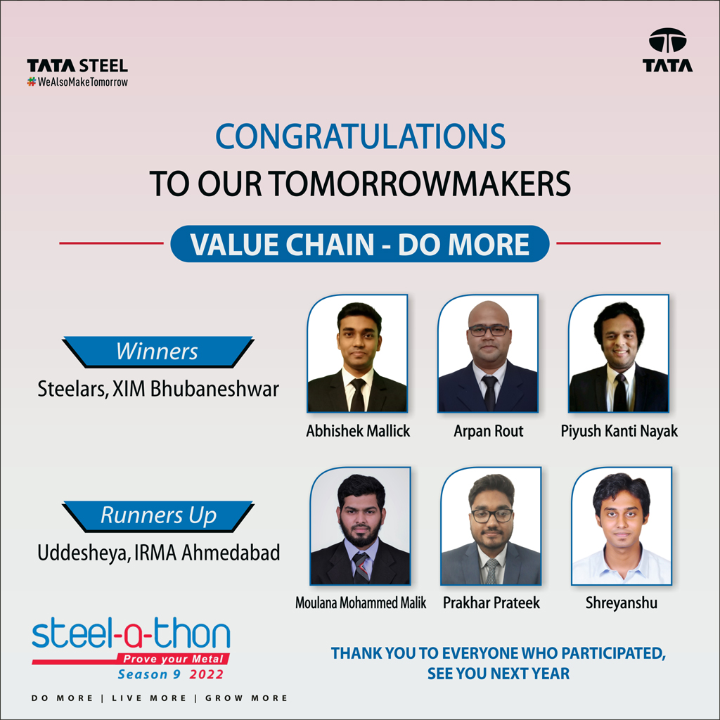 TSCampusConnect's tweet photo. We extend our heartiest congratulations to all the winners, and a big thank you to all the participants whose fiery passion and brilliant ideas made season 9 of Steel-a-thon a grand success!
We look forward to welcoming more innovative ideas in Season 10.
#TataSteel #Steelathon https://t.co/MsAg79DOWn