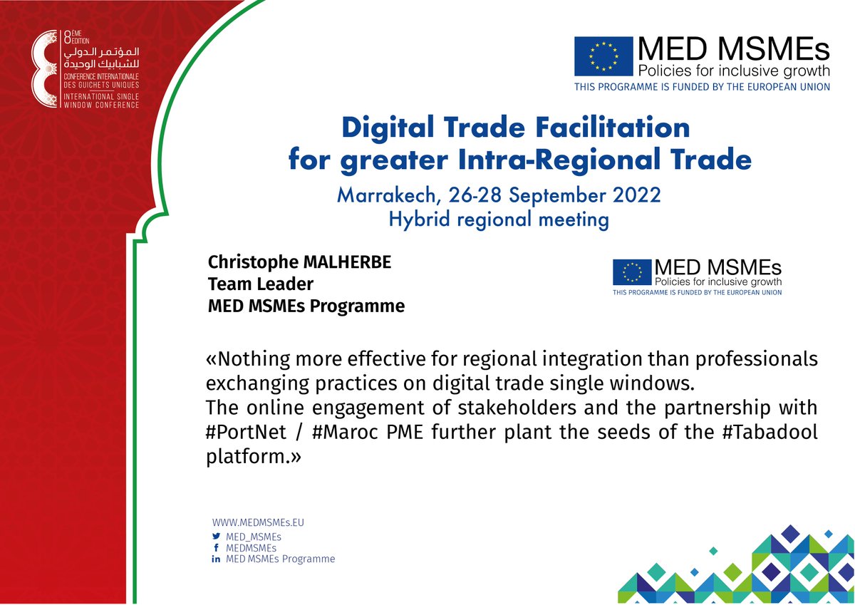 MED_MSMES's tweet photo. Christophe MALHERBE, Team Leader, @MED_MSMES -The 8th International Single Window Conference in Marrakech
#Digital #Singlewindows #Tech #Portnet #transformationdigitale #SMEs #Digital #TABADOOL https://t.co/vuUbqbldA2