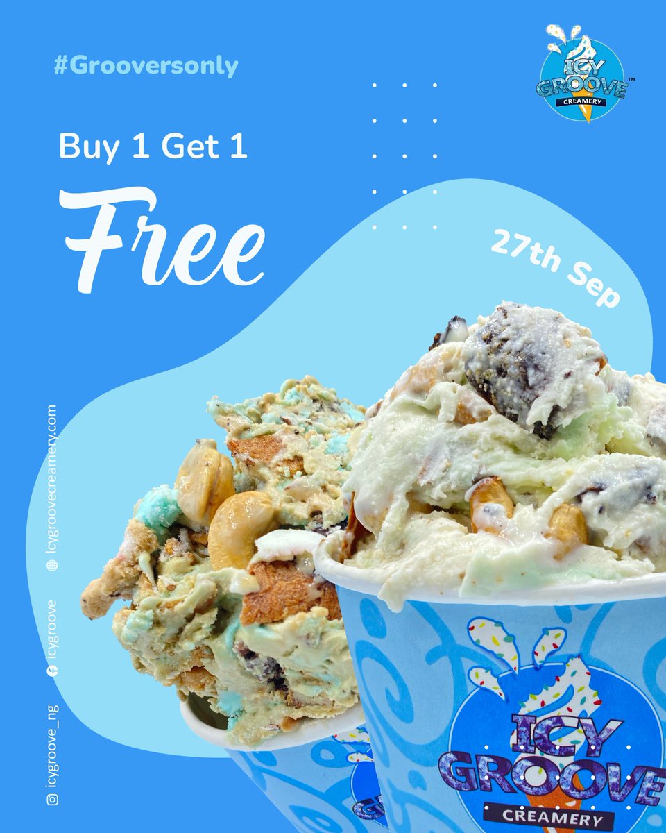 IcyGroove_ng's tweet photo. Hello Groovers! #Grooversonly is back this week.
Buy One cup Of your favorite Ice cream combo and get another Cup FREE
Available @
❄️Hollygroove PH
❄️Groovebumps Owerri
#grooversonly #hollygrooveph David Hundeyin #icecream #icecreams Sophia #gelato Universities https://t.co/WMtyJWRTcs