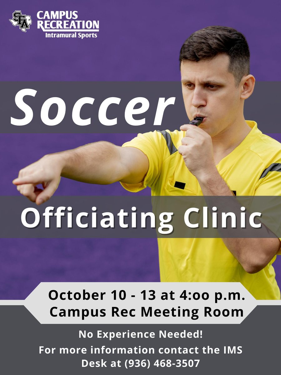 Want to be an official for Soccer? Soccer Official Training begins next week, October 10th at 4 p.m.. For more information, contact the IMS Desk at the Campus Rec.
