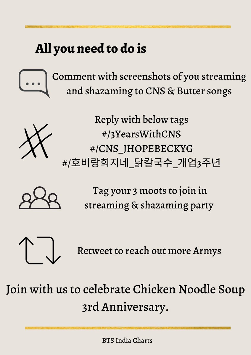 BTSpotifyIndia's tweet photo. 🎶 CNS X BUTTER STREAMING &amp; SHAZAMING PARTY 🎉

⭐ Join us to celebrate the 3rd Anniversary of Chicken Noodle Soup

⌚ September 27 | 1PM KST

 👉 Check out posters below to know more!

In collaboration with @jhopeindiateam 💜@HOPEXHOPECHILE 💜

Tags are in the below tweet! https://t.co/YHJ0fXkT3Z