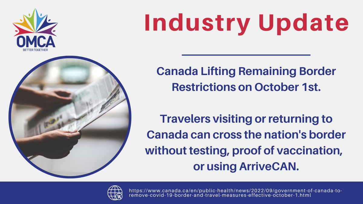 We thank <a href="/Transport_gc/">Transport Canada</a> &amp; federal ministers for the upcoming removal of travel restrictions. Lifting requirements for vaccination, testing, and use of the ArriveCAN app will truly help our industry on its road to recovery! #BetterTogether <a href="/OmarAlghabra/">Omar Alghabra</a> <a href="/jyduclos/">Jean-Yves Duclos</a> <a href="/marcomendicino/">Hon. Marco Mendicino</a>