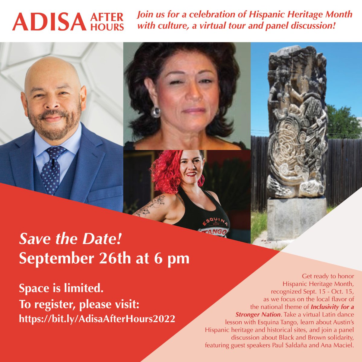AdisaIsClarity's tweet photo. Today! Adisa Communications is hosting a virtual fun, informative evening highlighting the rich, diverse Latino culture and community in Austin, Texas – from dance to art to politics.

CLICK HERE TO REGISTER: https://t.co/owvtVUMsKG https://t.co/ftcv4qIaHO