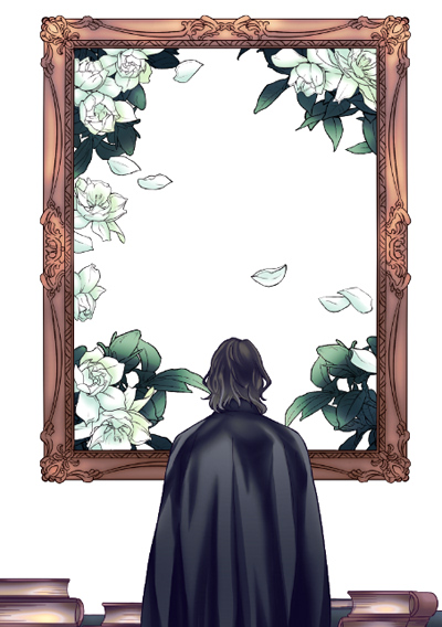 1boy male focus solo flower from behind white background black hair  illustration images
