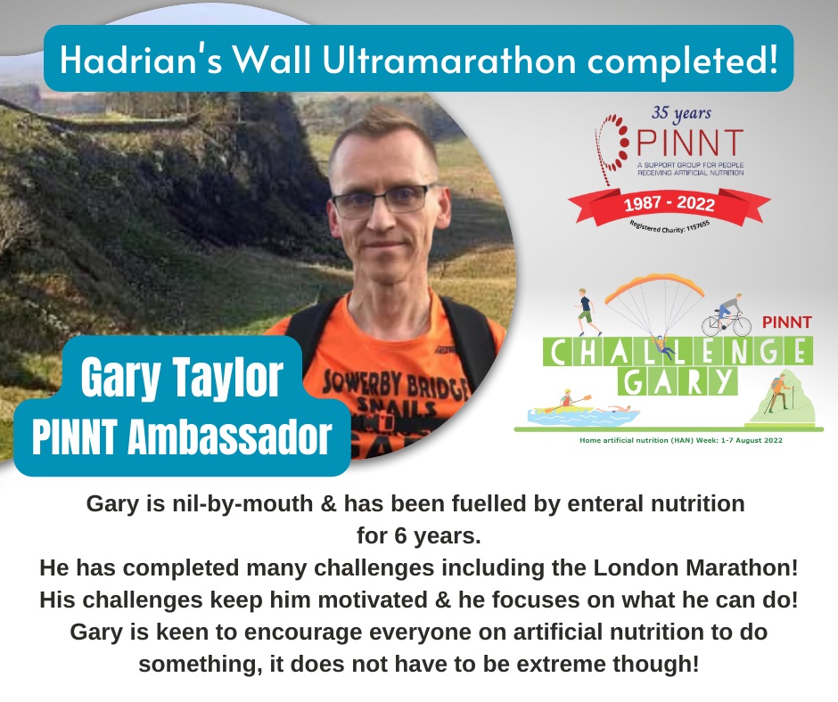 PINNTCharity's tweet photo. #challengegary reflection. Hadrian's Wall Ultramarathon completed, connected to #enteralnutrition A challenge he overcame but not without pain & suffering! He has a can do approach!
#challengegary #HAN #homeenteralfeeding #PINNTambassador https://t.co/H8tEtB5Lj7