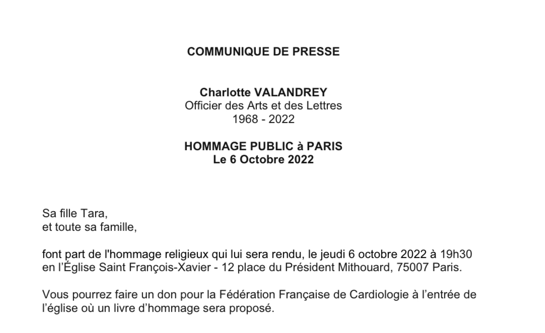 JFGuyot's tweet photo. Un hommage public sera rendu à la comédienne Charlotte #VALANDREY le 6 octobre à 19h30, en l'Eglise Saint François-Xavier (75007).
On pourra faire des dons à la Fédération Française de #Cardiologie. https://t.co/KBov2IakkQ