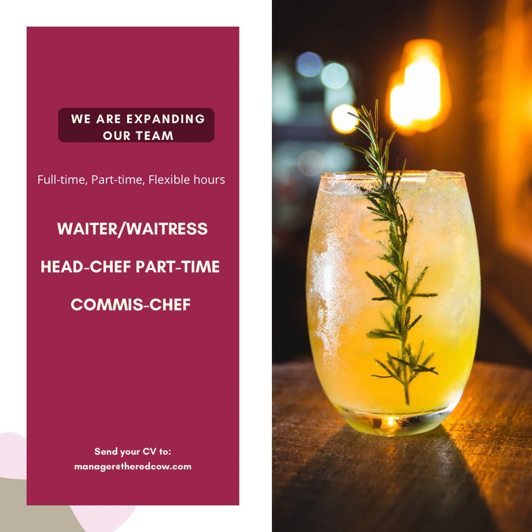 Job Vacancies
We are looking for a part-time Chef to assist our Head chef.
Also, we are looking for an experienced Waiter/Waitress 
~Mature, confident
~Competitive salary
~Staff benefits 🤑
~25hrs min per week
Apply via email at manager@theredcow.com, or call 01763 838 792