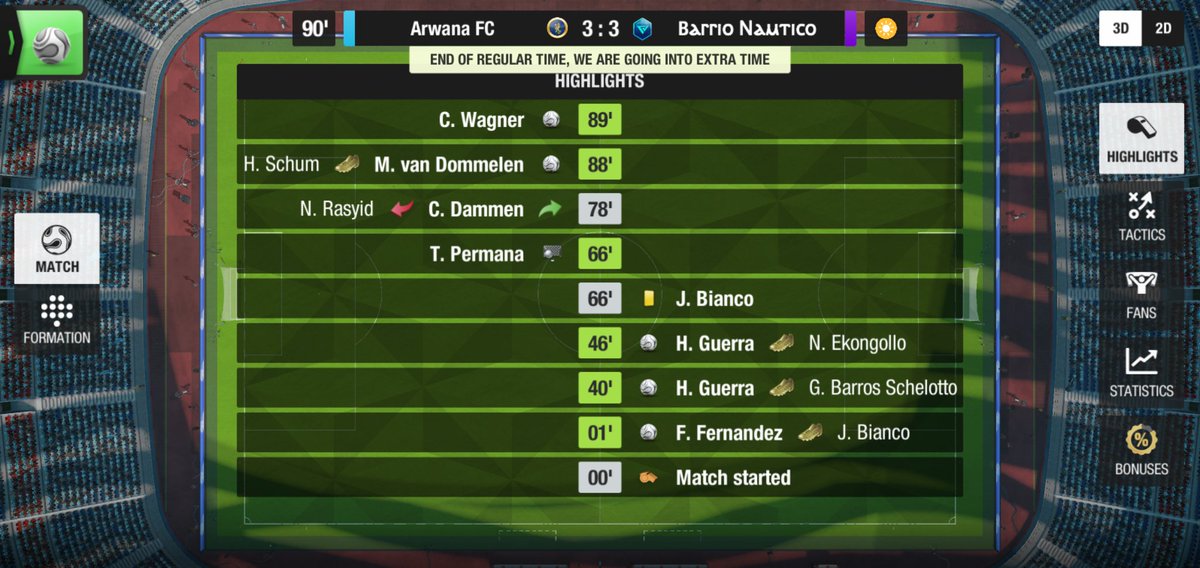 Finalissimo 2nd Edition
Final (Leg 1)

Arwana FC 3-3 <a href="/barrionautico/">Ⲃⲁⲅⲅⲓⲟ Ⲛⲁⲙⲧⲓⲥⲟ FⲤ</a> (90 mins)
⚽ T. Permana 66' (P)
⚽ M. van Dommelen 88'
⚽ C. Wagner 89'
-
⚽ F. Hernandez 1'
⚽⚽ H. Guerra 40', 46'

A tough and tense match.

#COYBD
#Finalissimo2nd
#LTEIxTEPA
<a href="/LigaTopEleven/">Liga Top Eleven Indonesia 🇮🇩</a>
<a href="/TE_PA_/">TE Premier Association #TEPA</a>