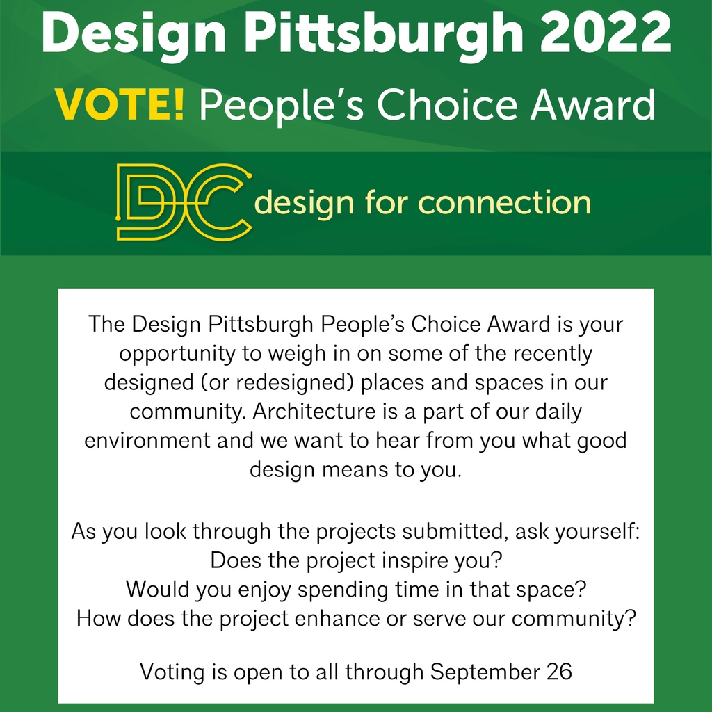 The Design Pittsburgh People’s Choice Award from @aiapgh is your opportunity to weigh in on some of the recently designed (or redesigned) places and spaces in our community. 

Voting is open through September 26.

View the gallery and cast your votes here: aiapgh.org/2022-peoples-c…