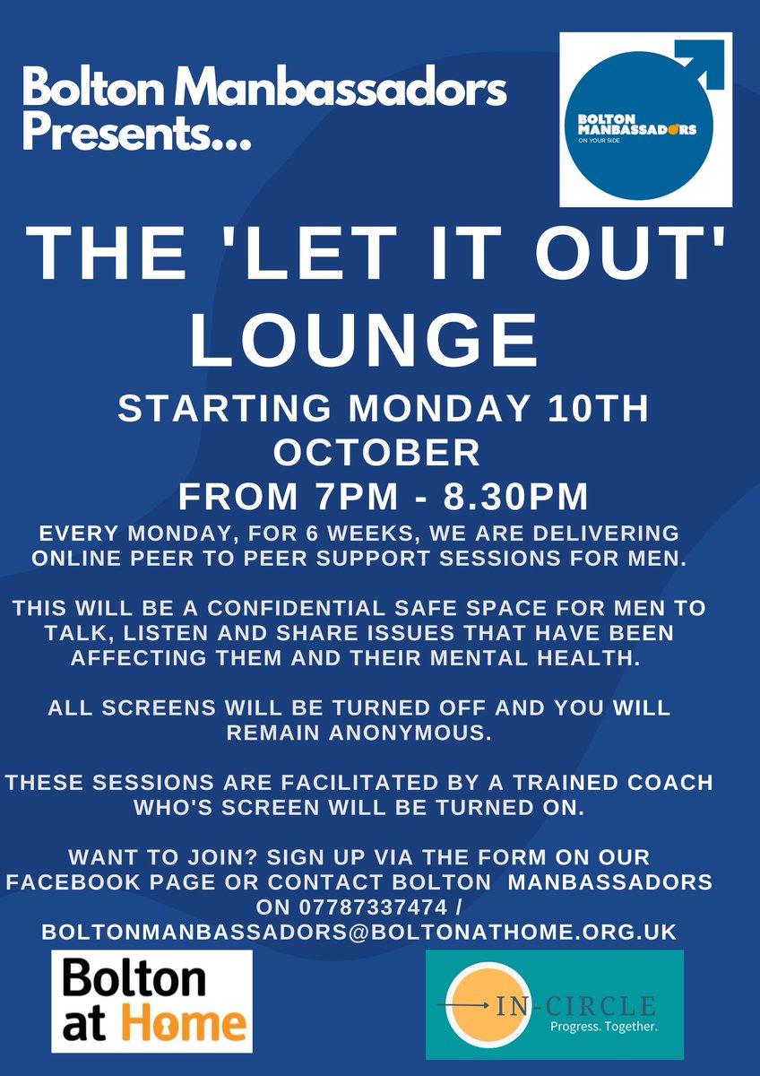 @manbassadors are hosting our first online peer to peer support session - The 'Let It Out' Lounge. Starting on World Mental Health Day - Monday 10th October 7pm-8.30pm, a zoom, 'men-only support' session facilitated by In-Circle. Click here👉 forms.office.com/r/jGkPcayYGr to join us!