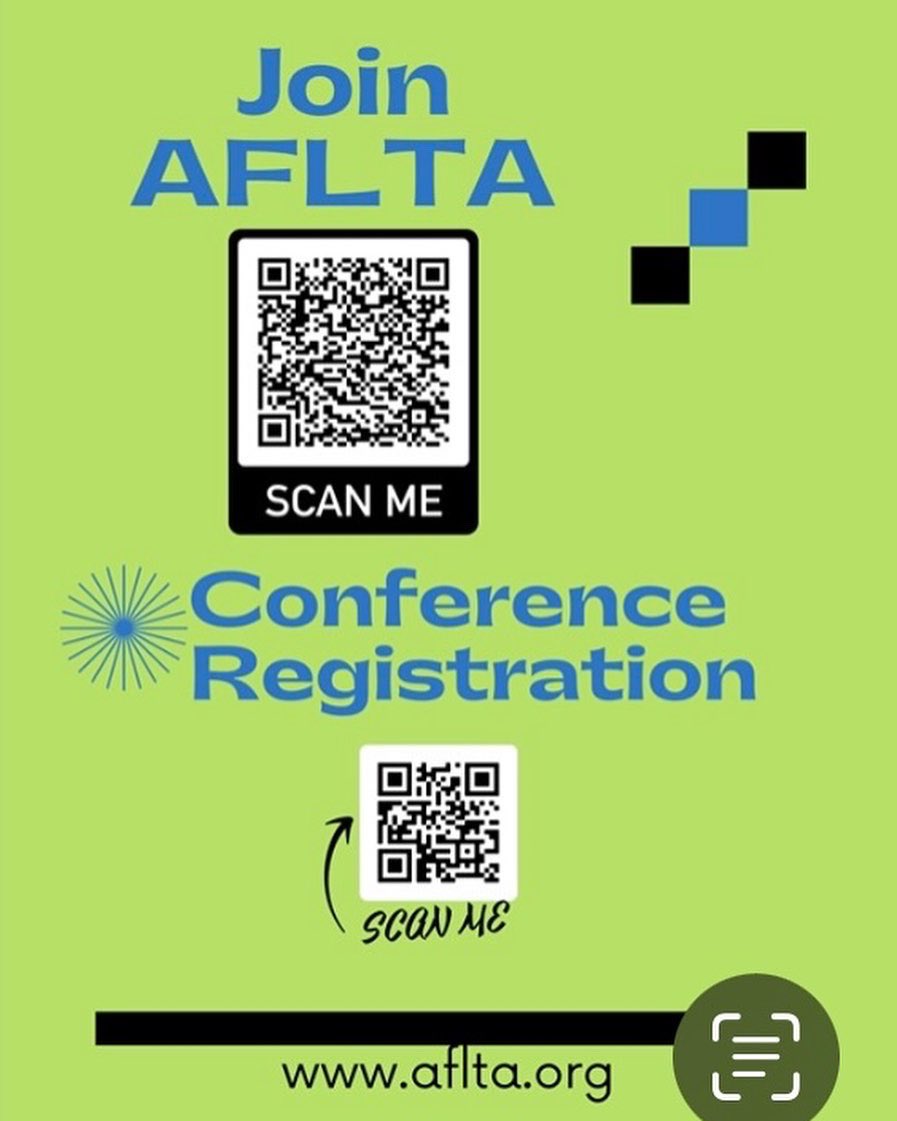 AFLTA1's tweet photo. Our Fall conference is fast approaching!! Early registration deadline is Oct 5th. Please scan the QR codes for more information!! ⬇️ https://t.co/vgfQwZ7OFW