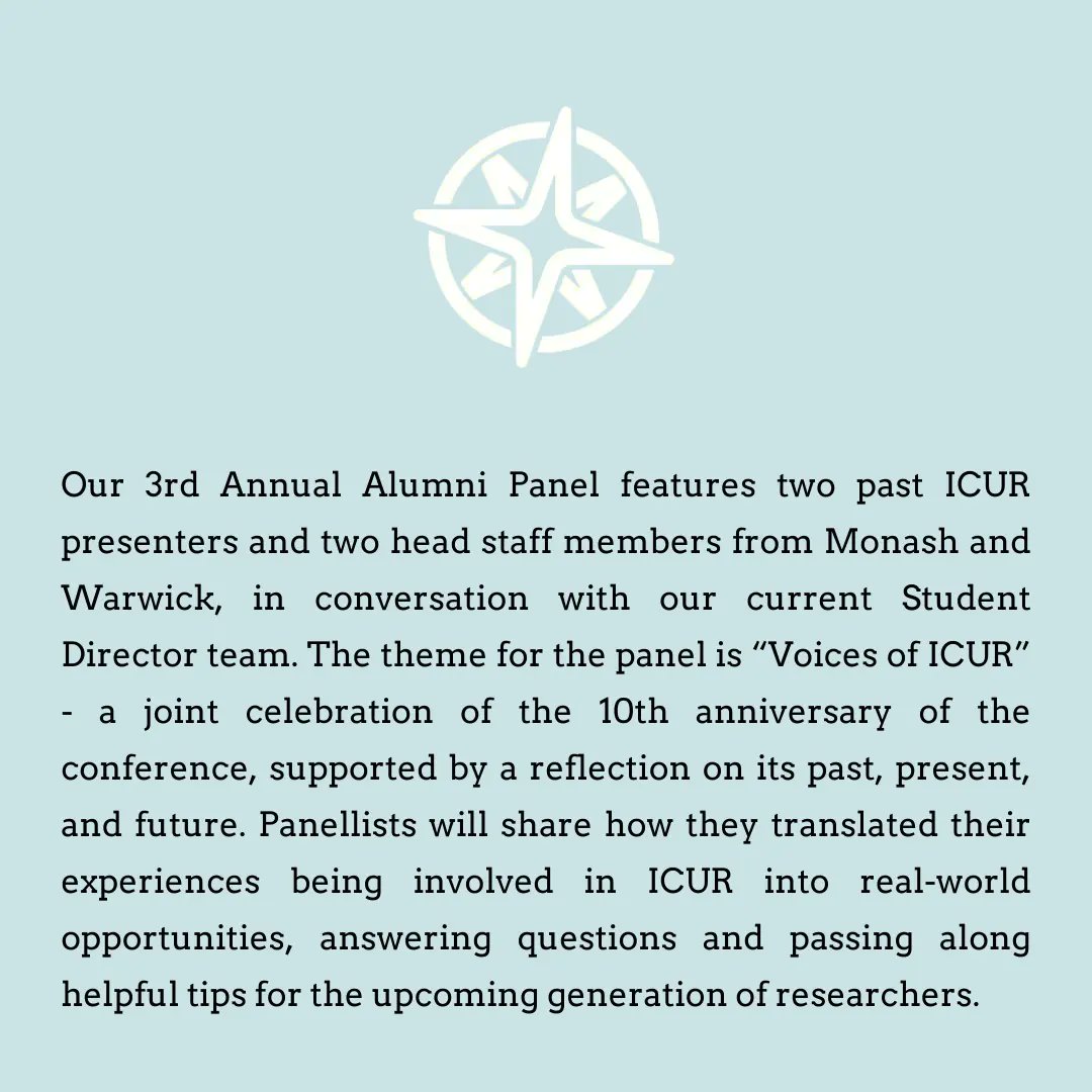 International Conference of Undergraduate Research (@icurstudents) on Twitter photo We're so excited to introduce this year's Alumni Panel, titled "Voices of ICUR"! ✨
Join us for this wonderful celebration of ICUR's 10th anniversary, and hear from former presenters and staff members on the past, present and future of the conference.🤩
#icur2022 We're so excited to introduce this year's Alumni Panel, titled "Voices of ICUR"! ✨
Join us for this wonderful celebration of ICUR's 10th anniversary, and hear from former presenters and staff members on the past, present and future of the conference.🤩
#icur2022