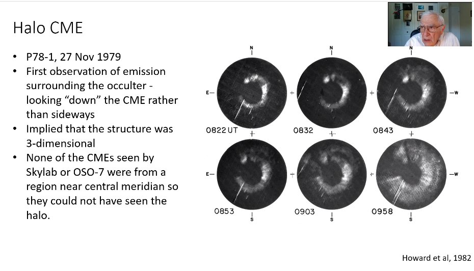 SWATNetProject's tweet image. An excellent overview of the history of the observations and theories of #solar coronal mass ejections was given by Russell A. Howard @JHUAPL on Day 1 at School 2 organised in #SWATNetProject . A first-ever halo #CME was observed and documented in Nov 1979, and it is a beauty!