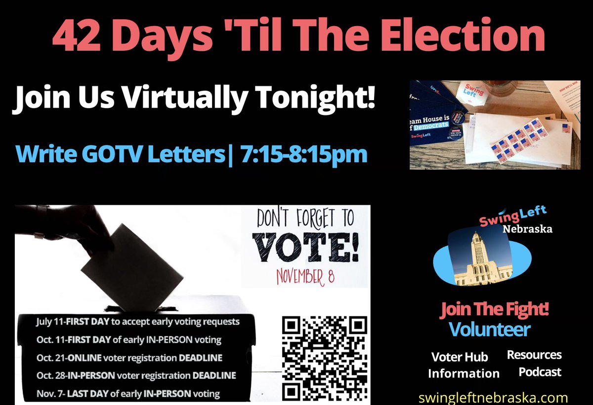 SwingLeftOmaha's tweet photo. 🚨🚨42 Days ‘Til The Election! Join us virtually to write GOTV letters tonight 7:15-8:15pm
Sign up👇🏼
https://t.co/SWx2eZPenS 

https://t.co/ztAyEzweFm
#dontjustvotevolunteer https://t.co/PbFVoblM5R