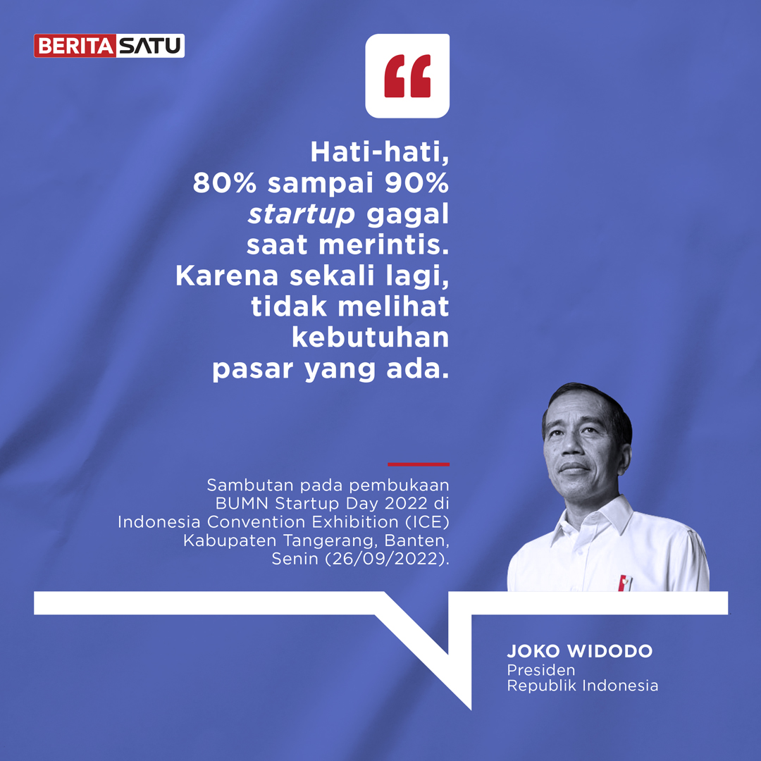 Beritasatu's tweet photo. Presiden Joko Widodo menyatakan, sebanyak 80% sampai 90% usaha rintisan bidang teknologi atau startup di Indonesia berakhir dengan kegagalan saat merintis usaha.
#Jokowi #BUMNStartupDay #KutipanTokoh #FotoCaption #BeritaSatu https://t.co/nj0FBZVVsY