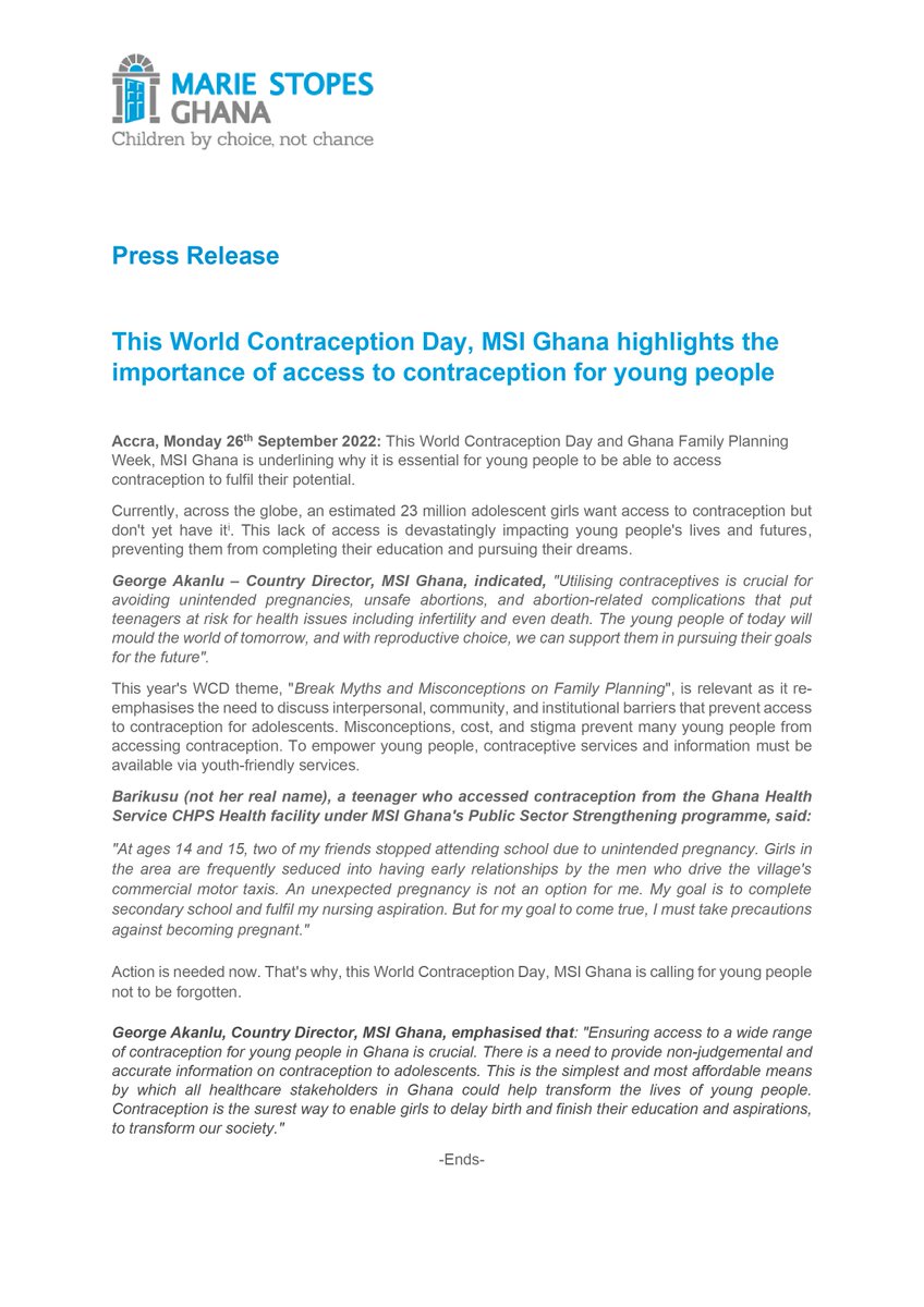 MarieStopes_Gh's tweet photo. Our Press Release on this #WorldContraceptionDay. 
#StandForChoice
#ChoiceWeek22
#ProtectChoice https://t.co/RMrMXlPIBl