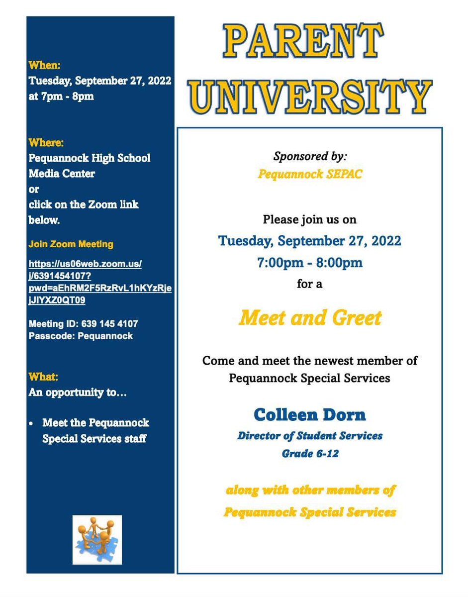 PequannockSEPAC's tweet photo. Please join us for our 1st SEPAC event of the 2022-23 school year, or you may join us by zoom. Join Zoom Meeting
https://t.co/6tXz6fw74T
j/6391454107?
pwd=aEhRM2F5RzRvL1hKYzRje
jJIYXZ0QT09
Meeting ID: 639 145 4107
Passcode: Pequannock https://t.co/HQdWbHlYBI