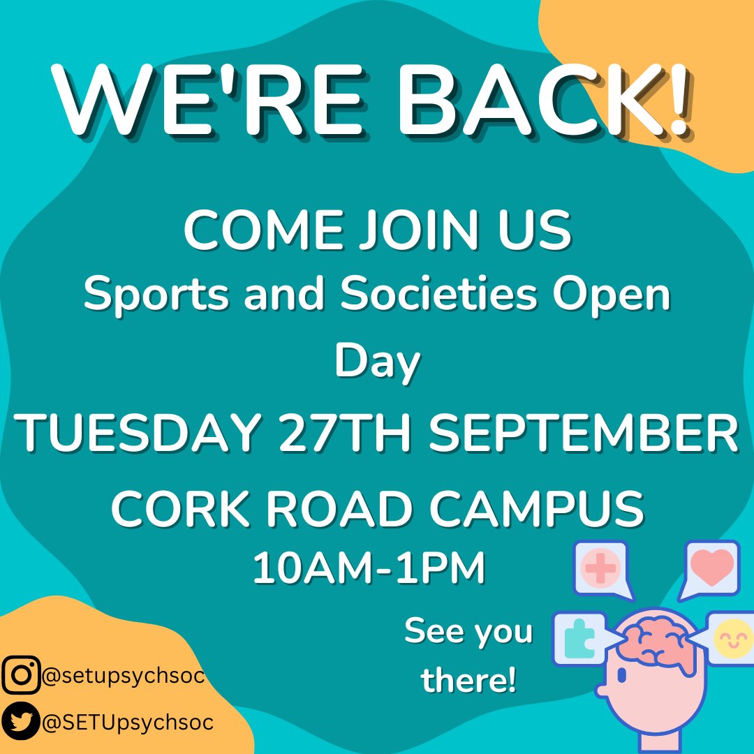 SETU Psychological Society (@setupsychsoc) on Twitter photo We’re back!!! Come say hi and see what we are all about😋 SETU Waterford Sports and Societies Open Day- Cork Road Campus.
We’ll be set up in the Main Atrium and we can’t wait to see you all 💅🏼💅🏼 <a href="/waterfordit/">OConnellSchool</a> <a href="/SETUSPORTSWD/">SETU Sport Waterford</a> We’re back!!! Come say hi and see what we are all about😋 SETU Waterford Sports and Societies Open Day- Cork Road Campus.
We’ll be set up in the Main Atrium and we can’t wait to see you all 💅🏼💅🏼 <a href="/waterfordit/">OConnellSchool</a> <a href="/SETUSPORTSWD/">SETU Sport Waterford</a>
