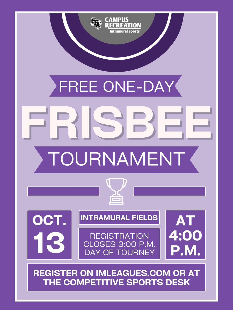 The Frisbee Tournament is tomorrow! Registration closes at 3 p.m. before the tournament starts. You can register on IMLeagues.com or at the Competitive Sports Desk at the Campus Rec.