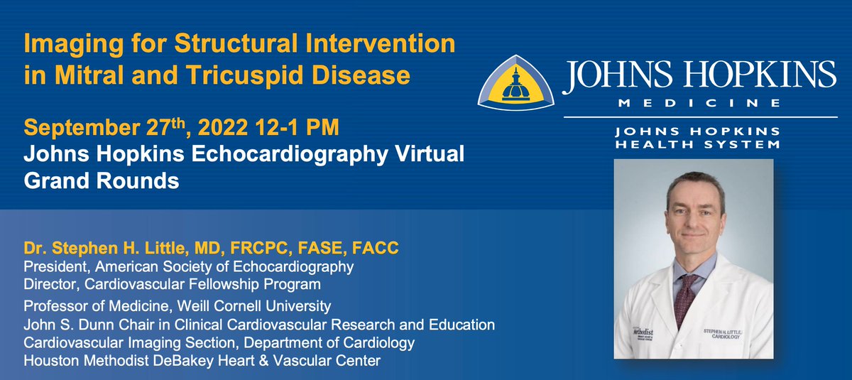 Looking forward to this week's Grand Rounds at Johns Hopkins with @ASE360 President Dr. Stephen Little hosted by @MMukherjeeMD of @JHopkinsEcho @AllisonGHaysMD @ErinMichos @MSchimingerRDCS @NBavaroRDCS @EstherChoiMD @DrAnumMinhas @GucukEsra @KathyWuMD of @hopkinsheart