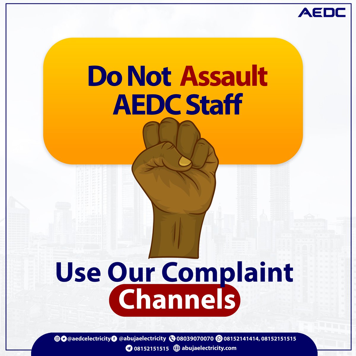 aedcelectricity's tweet photo. We aim to provide our customers with the best possible services. If you have any complaint or grievance, tell us.
Give our staff a safe working environment to deliver quality service.
#AEDC #Abujadisco #NoToAssault https://t.co/rf0P61Va9S