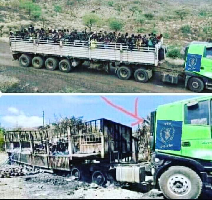 <a href="/WFP/">World Food Programme</a> truck amid transporting #TPLFTerroristGroup's soldiers hit, damaged by drone attack. Ethiopians clearly understand that these humanitarian agencies indirectly support the group and later accuse the gov't of Ethiopia.
#DisarmTPLF