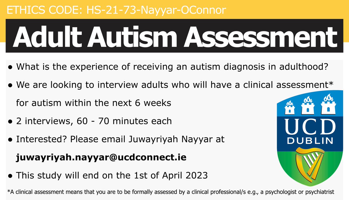 #AskingAutitstics I’m looking to interview #LateDiagnosed autistic adults as part of my PhD research 📢 I hope to gain better insight into the impact that late diagnosis has ☺️ (see more info below) If you’re interested, please send me an email at juwayriyah.nayyar@ucdconnct.ie!