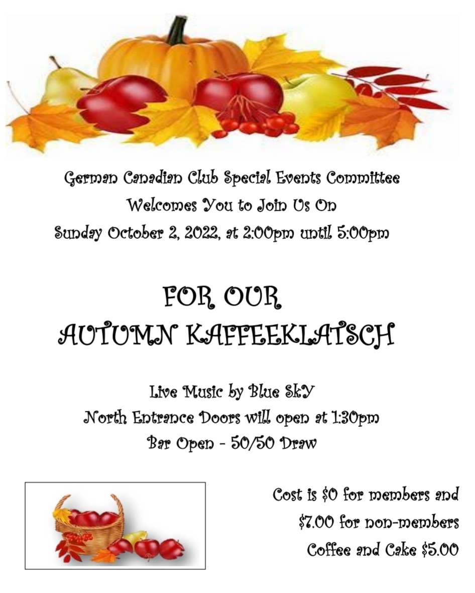 Come and join us next weekend, Sunday October 2nd, 2pm, for our first Kaffeeklatsch of the Fall. 
We will have great live entertainment and delicious coffee and cake.
Doors will be open at 1:30pm.

"Come to the GCC and get a little German in you!"