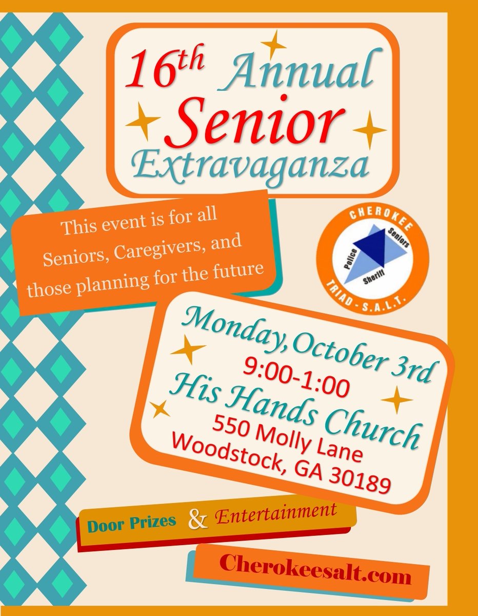 SENIOR EXTRAVAGANZA: The 16th annual event will take place on Monday, October 3, 9:00a.m.-1:00p.m., at His Hands Church.

For more information, please visit cherokeesalt.com