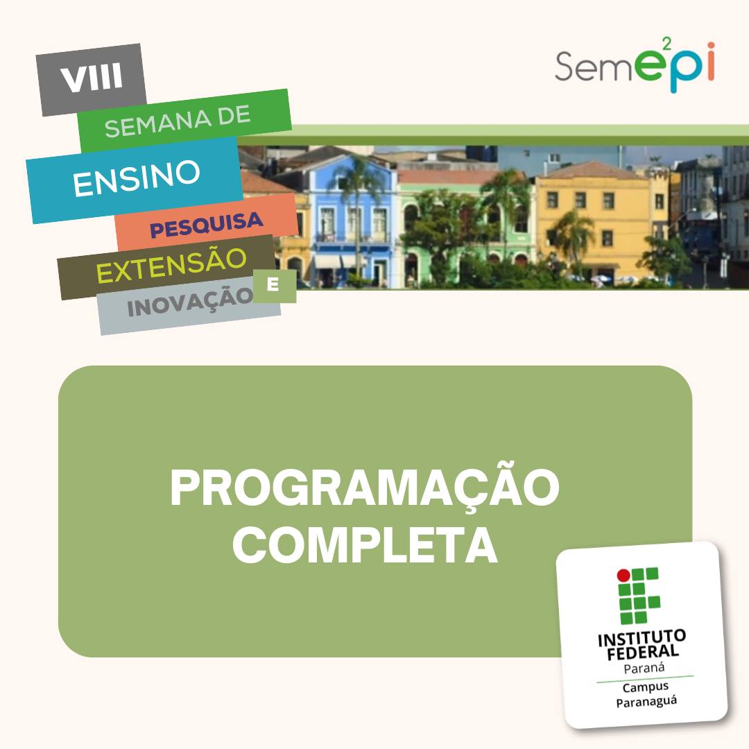 Programação  da VIII Semana de Ensino, Pesquisa, Extensão e Inovação (Seme2pi)!

As inscrições para as oficinas já estão abertas!

📝Onde poso me inscrever?
doity.com.br/8semepi/inscri…