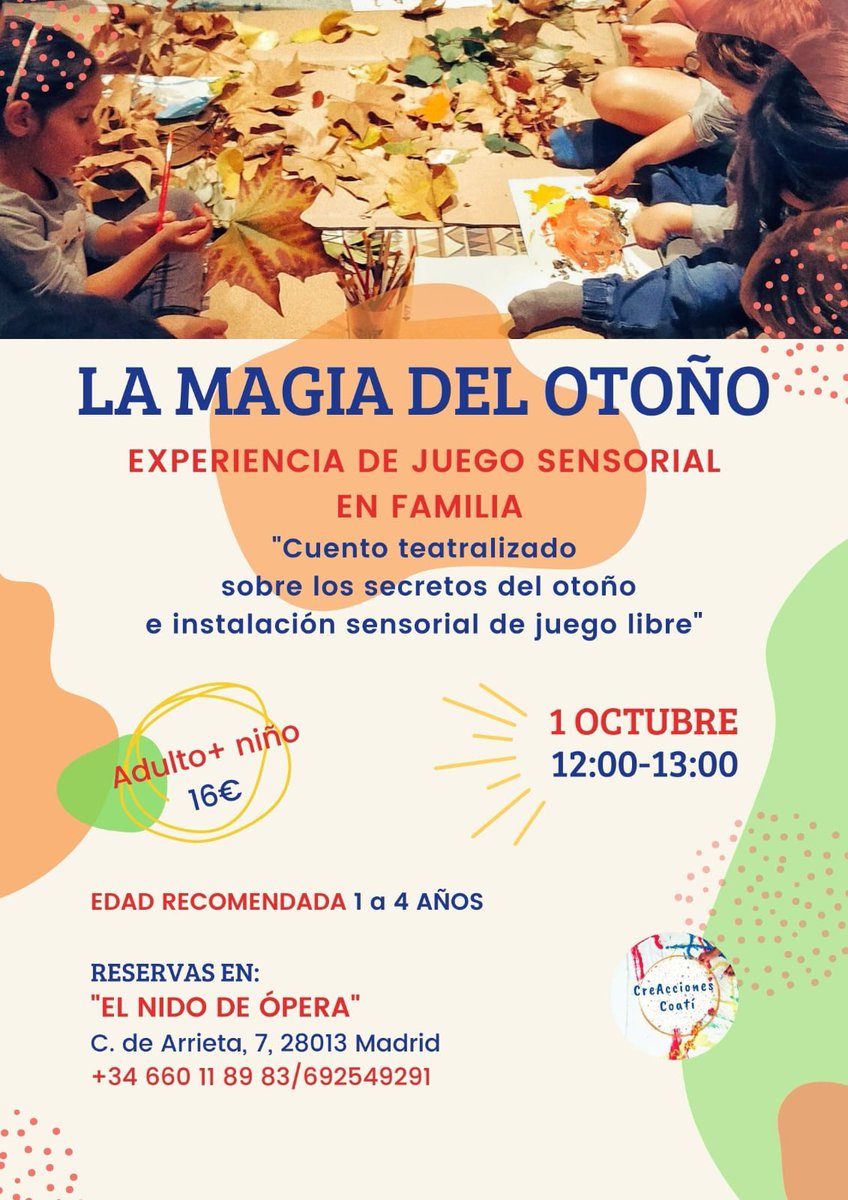 NidodeOpera's tweet photo. 🍁LA MAGIA DEL OTOÑO🍁
SÁBADO 1 de Octubre.
⌚12,00h

👩‍👧Ven con tu peque a vivir una experiencia sensorial en familia.

✨Reservas: 660 11 89 83 #Madrid #familia #planesparaniños #planesconniños #planesenfamilia #crianzarespetuosa #planesmadrid #juegosensorial #juegosenfamilia https://t.co/PjmBrx6xUH