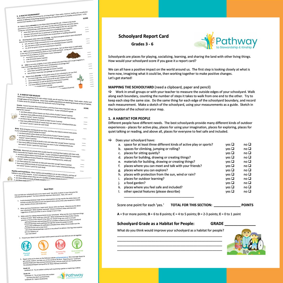 Schoolyards are places for playing, socializing, exploring, and sharing the land with other living things. How would your schoolyard score if you gave it a report card? 
Download your free report card for Grades 3-8 at
pathwayproject.ca/scorecards/