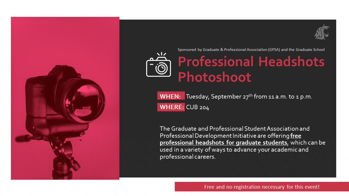 TOMORROW! 👈

Professional Headshots Photoshoot 📸Sept. 27, 11am to 1pm at CUB 204. GPSA and PDI are offering FREE professional headshots for graduate students! No registration necessary. 

More info:gradschool.wsu.edu/pdi/event/prof…
