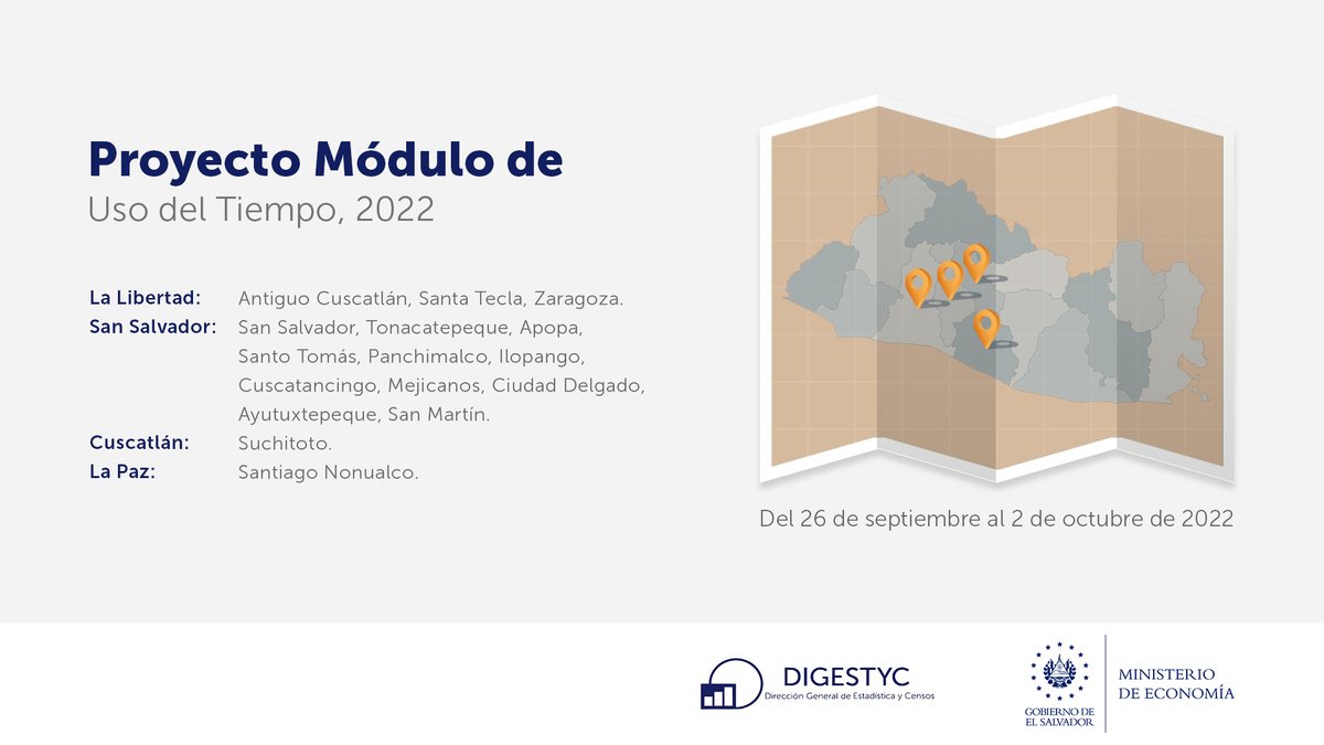 EconomiaSV's tweet photo. 📢Del 26 al 30 de septiembre, equipo de #DIGESTYC recabará datos socioeconómicos y demanda turística interna, a través del mapeo y encuestas:
✅ Hogares de Propósitos Múltiples #EHPM
✅ MITUR

Del 26 de septiembre al 2 de octubre:
✅ Uso del Tiempo

👇 Conoce los detalles: https://t.co/2xiuzVBRqT