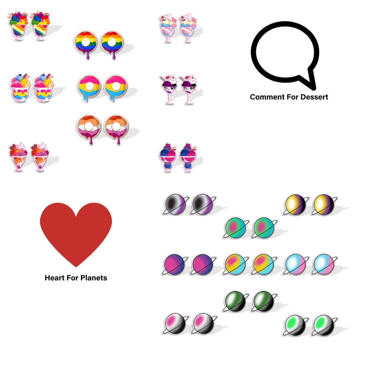 EqualiTeeNI's tweet photo. Which little earrings would you like to see?

Comment for Desserts, oh so tasty!

Heart for planets, that are out of this world.

Pun's intended...... https://t.co/r4EFM6Qprz