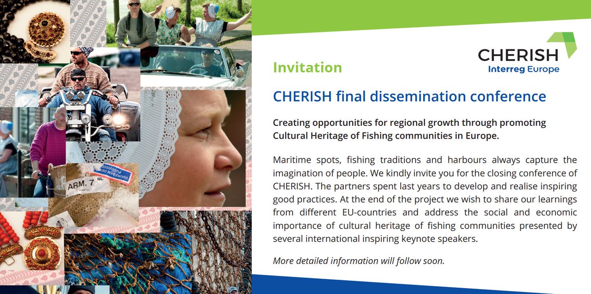 SAVE THE DATE!!
November 8 2022: CHERISH final conference 
Middelburg, the Netherlands.
Creating opportunities for regional growth through promoting Cultural Heritage of Fishing communities in Europe.
@CHERISH_EU. <a href="/interregeurope/">Interreg Europe</a> <a href="/Gem_Middelburg/">Gemeente Middelburg</a>