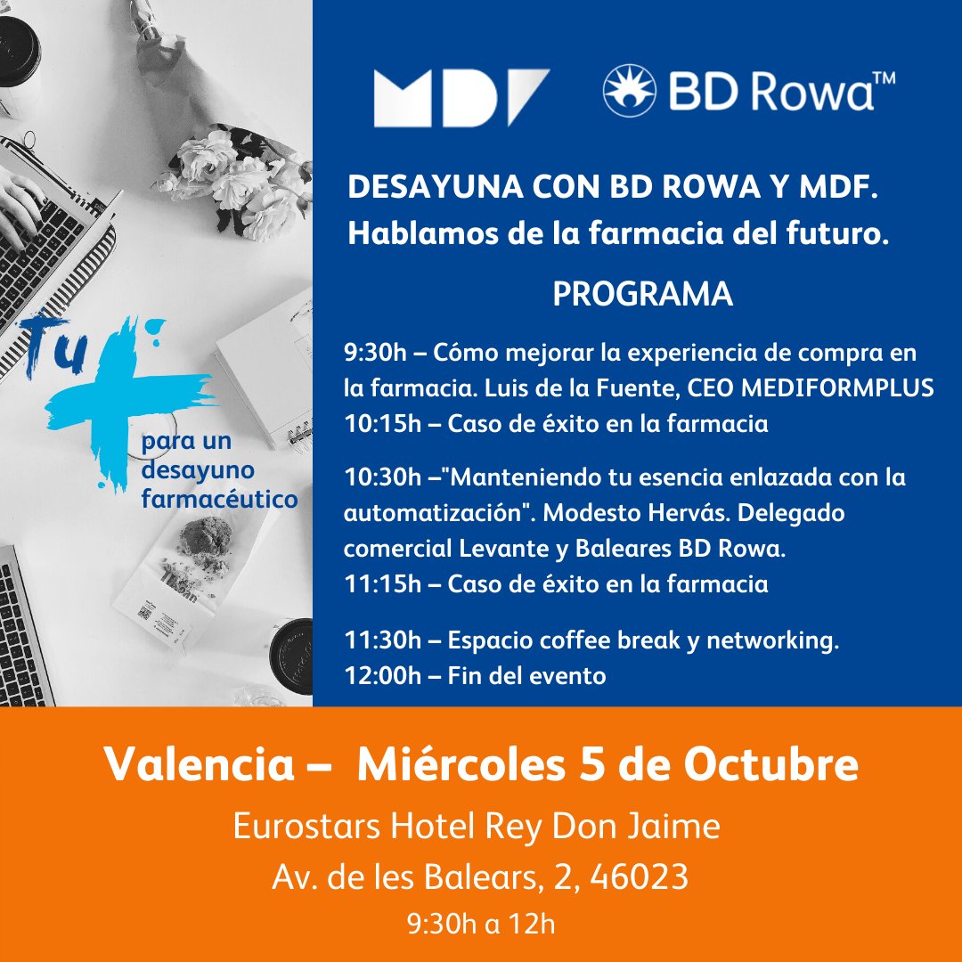 bdrowaes's tweet photo. ¡La semana que viene estaremos en Valencia!
Tras el éxito en Madrid y Barcelona, el 5 de octubre en el Hotel Don Jaime de Valencia con @Mediformplus 
👉Registro gratis https://t.co/KxGHqQ50TO 
Si te interesa automatizar tu farmacia o ya eres cliente de BD Rowa, ¡No lo dudes! https://t.co/yjH3puBAlb