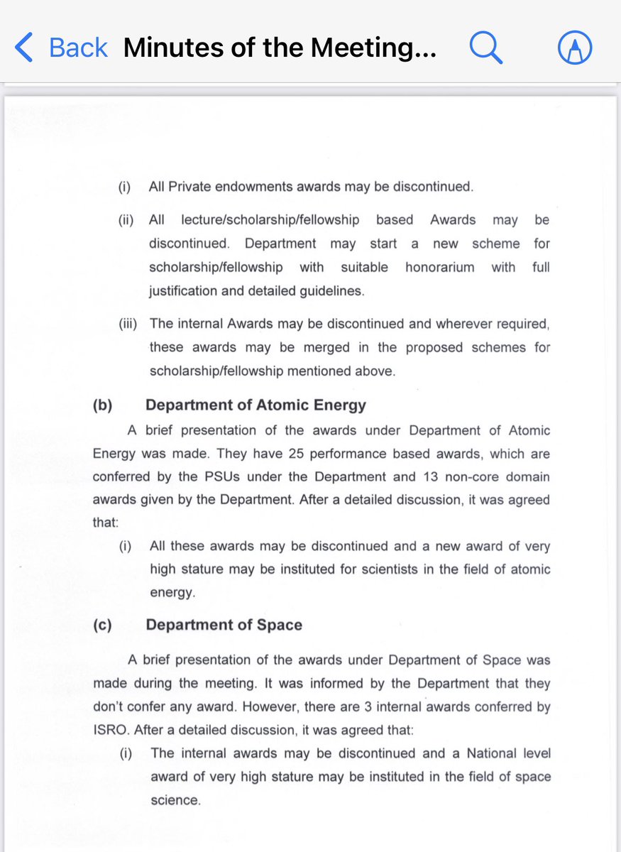 Chans2k2's tweet photo. No #SSB prizes are announced today on the occasion of @CSIR_IND foundation day. Most of the awards are also being scraped as per the MoM circulated by Home Ministry (attached). Govt. however wants a new award like @NobelPrize. Disclaimer: I am not an applicant for SSB 2022. https://t.co/EeMCuisIWN