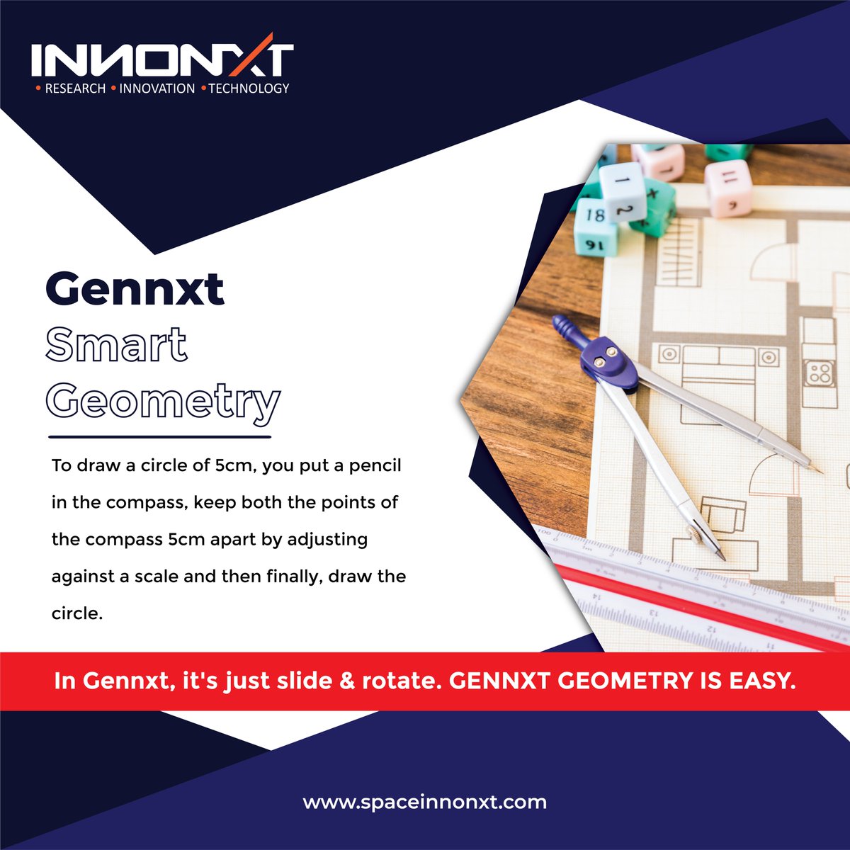 innonxt's tweet photo. To draw a circle of 5cm, you put a pencil in the compass, keep both the points of the compass 5cm apart by adjusting against a scale and then finally, draw the circle.

In Gennxt, it just slides &amp; rotates. GENNXT GEOMETRY IS EASY.

 #spaceinnonxt #innonxt #research #innovation https://t.co/ryRuUYWgZA