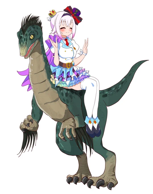 えるすりー4第1公演アーカイブが見える見える…(幻視)トロオドンっぽい恐竜さんに乗って登場するえるすりー衣装のピノちゃん#ピノの自由帳 