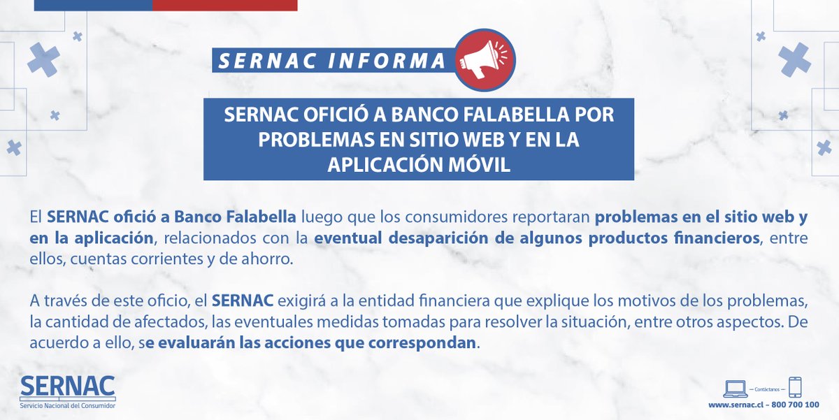 SERNAC's tweet photo. #SERNACinforma 📢 | Ante los problemas presentados por @Banco_Falabella, en el @SERNAC oficiamos para conocer el motivo del problema, cantidad de afectados y medidas adoptadas 👇🏼 https://t.co/qyxGwRL4Qd