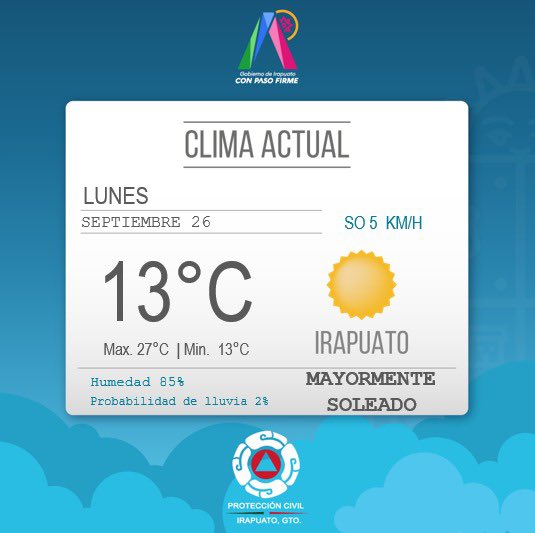 #ClimaIrapuato ☀️ | La mañana de este lunes tenemos una temperatura de 13°C y alcanzará los 27°C. ¡Buen día!