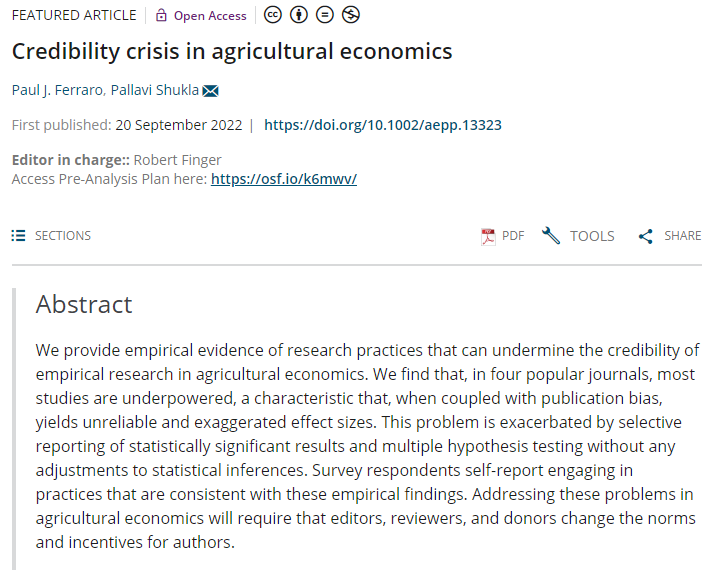 pauljferraro's tweet photo. #agriculturaleconomics #Replicability #reproducibility #openscience. New article in @AEPP_AAEA w/@pallavi_shukla1 on potential problems lurking in empirical agricultural economics research. Funded by @USDA_NIFA https://t.co/f0mD7lRI42
See thread below for highlights [1/6] https://t.co/jmxegMENtv