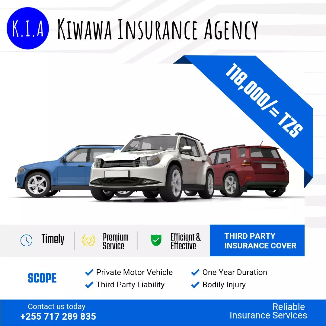 The Cover is limited to
🔹Private Motor Vehicle
🔹One Year Duration
🔹Third Party Liability
🔹Bodily harm & injury.

For A Free Quote contact us through
+255 717 289 835 
kiwawainsurance@gmail.com
#kia #insurance #Tanzania #bima #markets #Marketing #arusha #TanzaniaIkoTayari