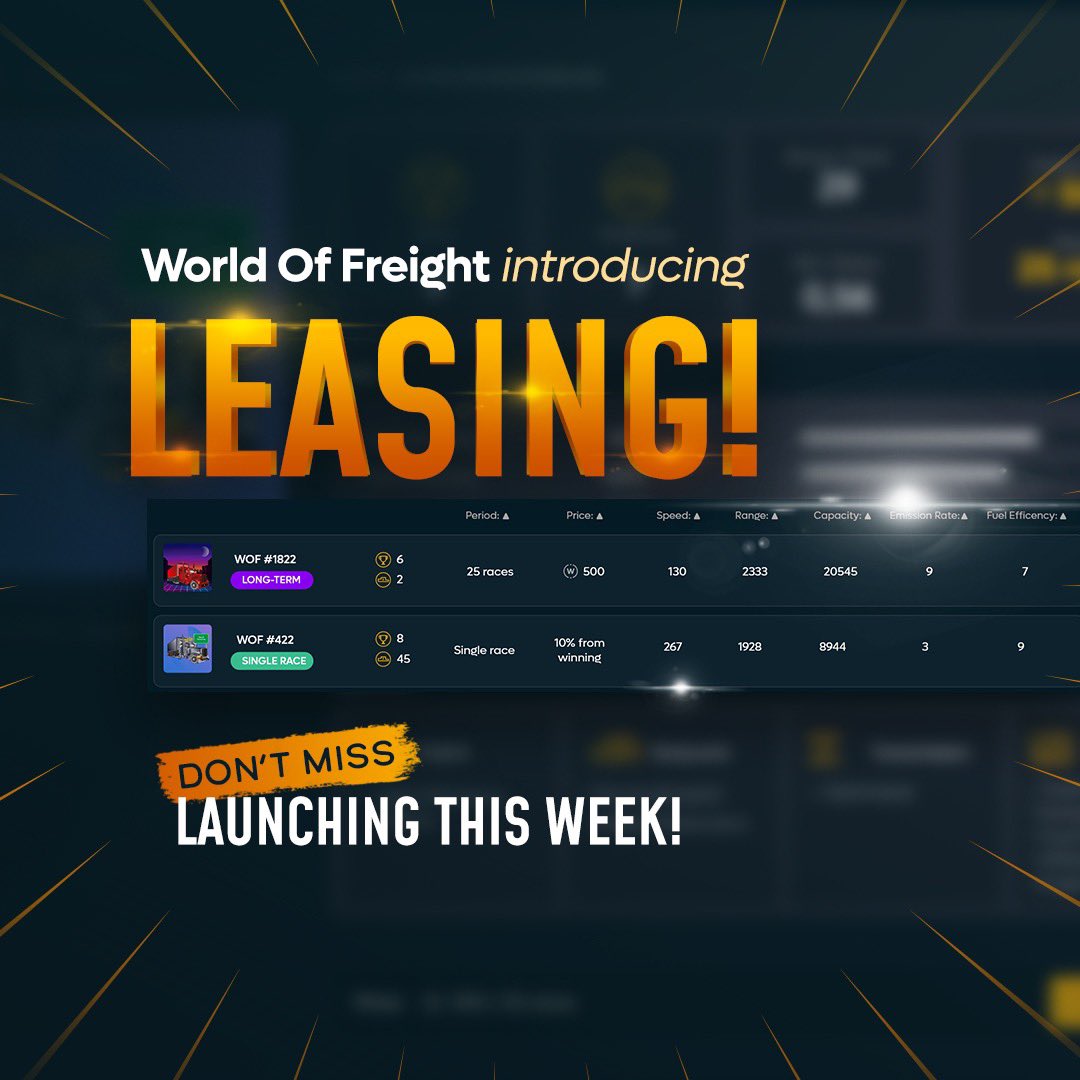 WorldOfFreight's tweet image. 🚨 JUST IN 🚨 This is HUGE for investors and P2E scholars alike! 

Investors earn by leasing their racing NFTs to scholars, and scholars earn by playing the game for free and winning $WOF tokens. #P2EGame #NFTgame