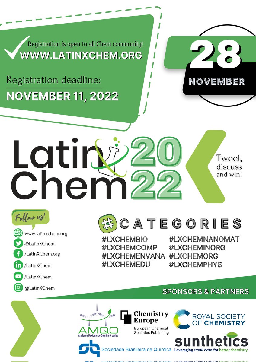 Save the date!

Nov 28, 2022. Join us on #LXChem22 and be part of one of the largest chemistry Twitter Poster Conferences, and it's for free! Just register your work here:

forms.gle/vnSfZenMTcePPM…

Don't let it at the end. Tweet, discuss, and win! ⚗️👩‍🔬👨‍🔬🧪🥇