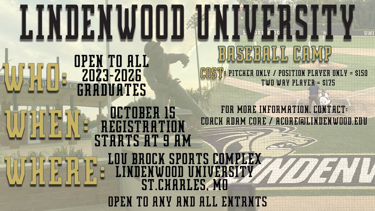 🚨FALL CAMP OPPORTUNITY🚨 2023-2026 HS Grads 📅: Sat. Oct. 15 📍: Lou Brock Sports Complex ⏰: 9am Registration / 10am Start 🔗: register.ryzer.com/camp.cfm?id=22… Great chance to be seen/evaluated by the LU coaching staff one more time this fall! #OneRoar🦁⚾️